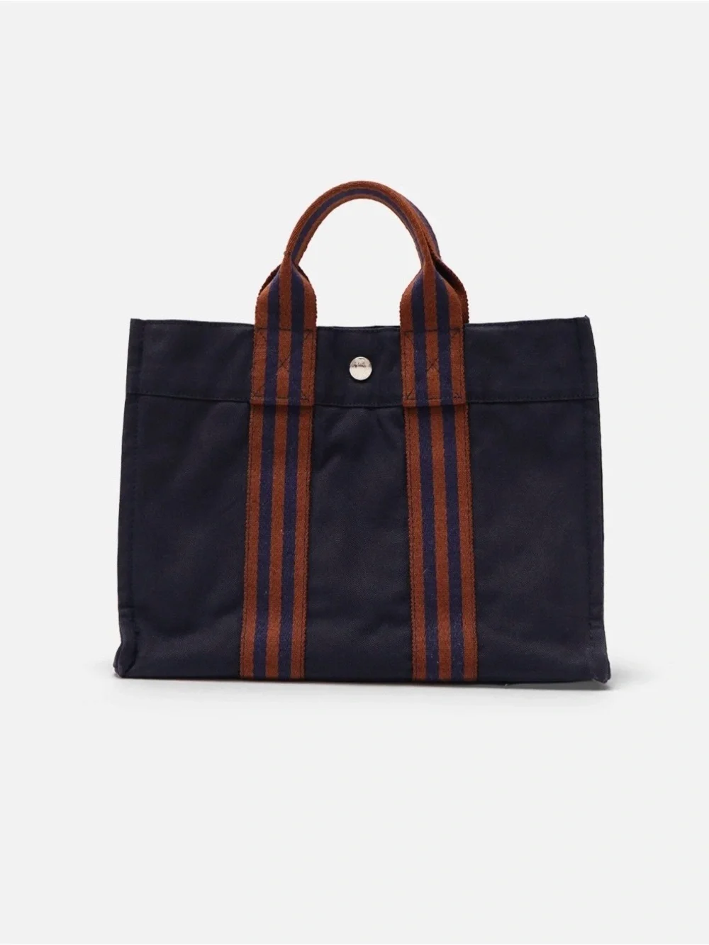 Hermes 2000s MM Fourre Tout Canvas Tote Bag with Striped Handles - Navy & Brown